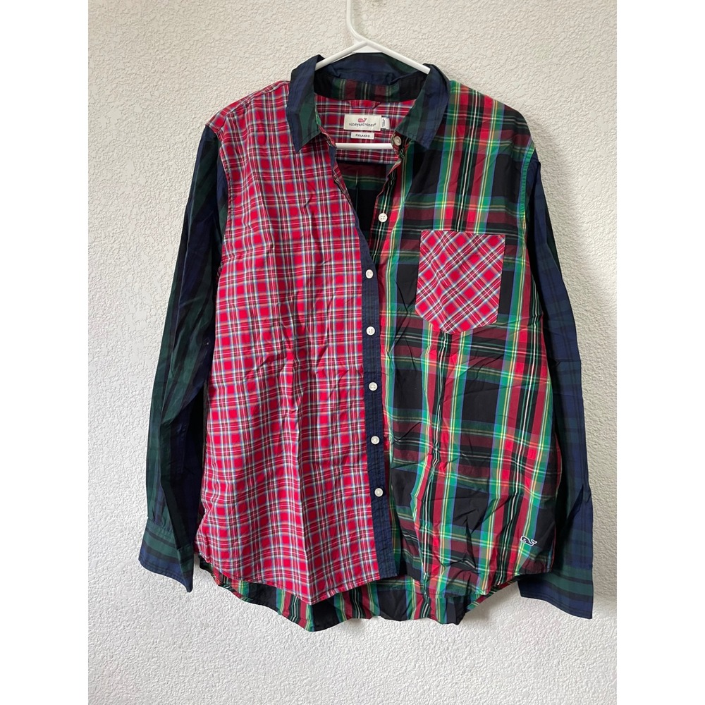 Vineyard Vines Kids Relaxed Fit Plaid Patchwork Button Down Shirt Size 16